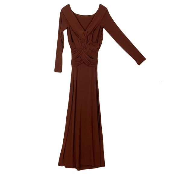 NWOT BEN DE LISI Dress US 6 Black Maxi Boat-Neck Cross Ruch Slit Side Stretch - Picture 2 of 14